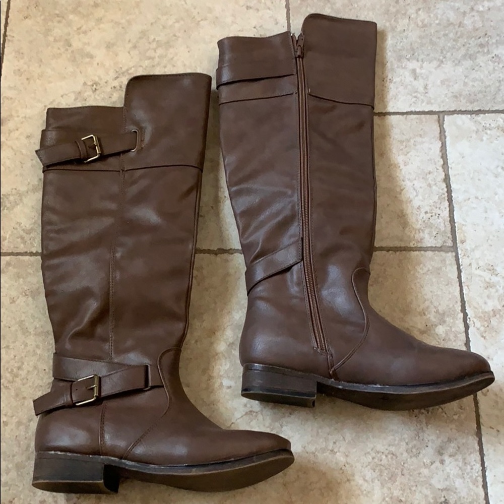 Knee High Brown Boots with Buckle Detail
